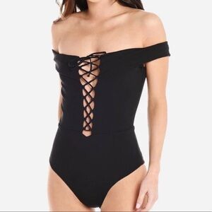 L*Space off the shoulder ribbed size 10 lace up corset swimsuit beach vacation
